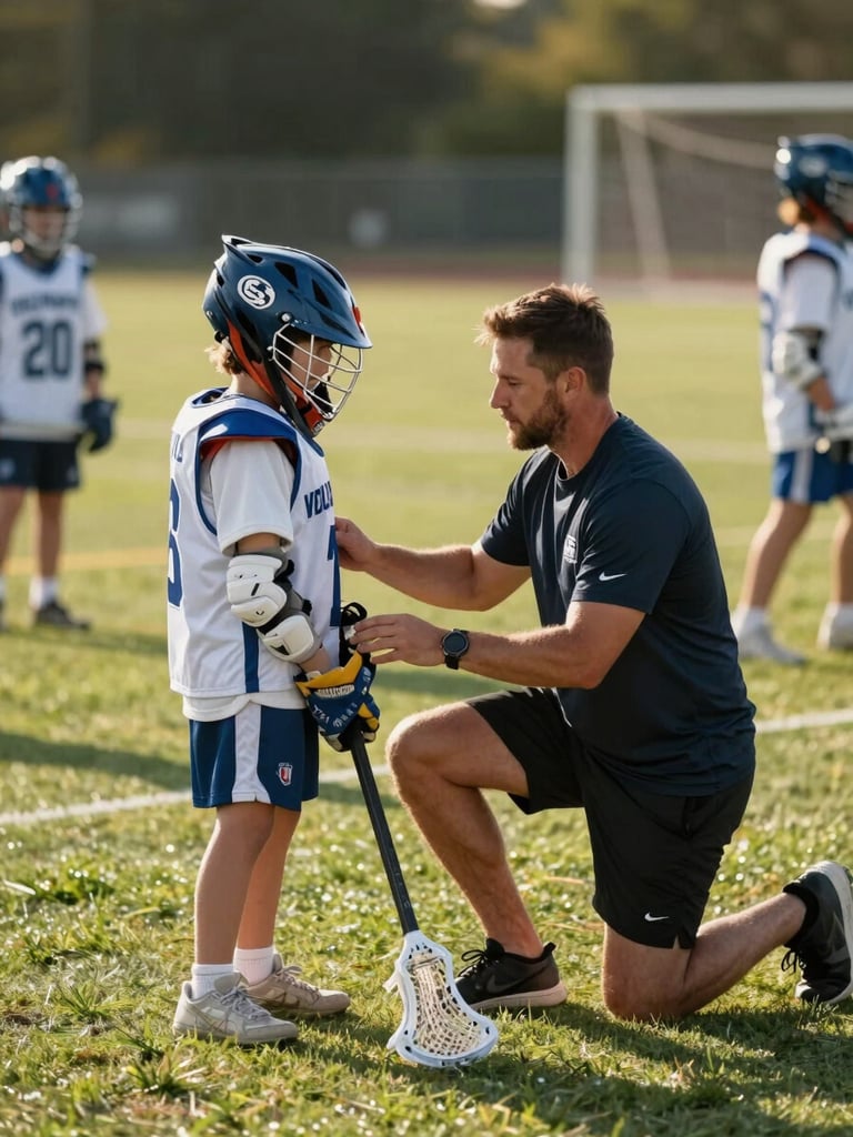 Close environmental shot of a volunteer lacrosse coach kneeling beside a young player, hands guiding the player's grip on a lacrosse stick, natural daylight on a grass practice field, other kids visible mid-drill in the background, warm afternoon light