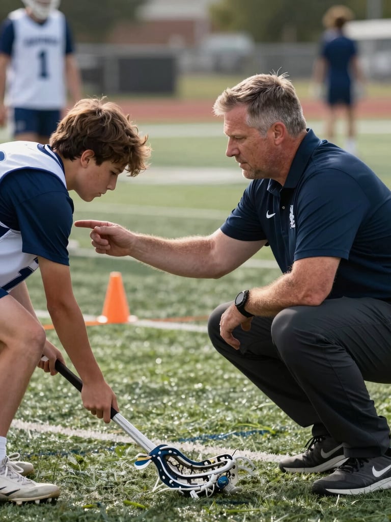 Close environmental shot of a coach crouching beside a high school athlete on a grass lacrosse field, coach's hand guiding the athlete's grip on the stick, both focused and mid-instruction, natural afternoon daylight, sideline cones and other players visible blurred in the background