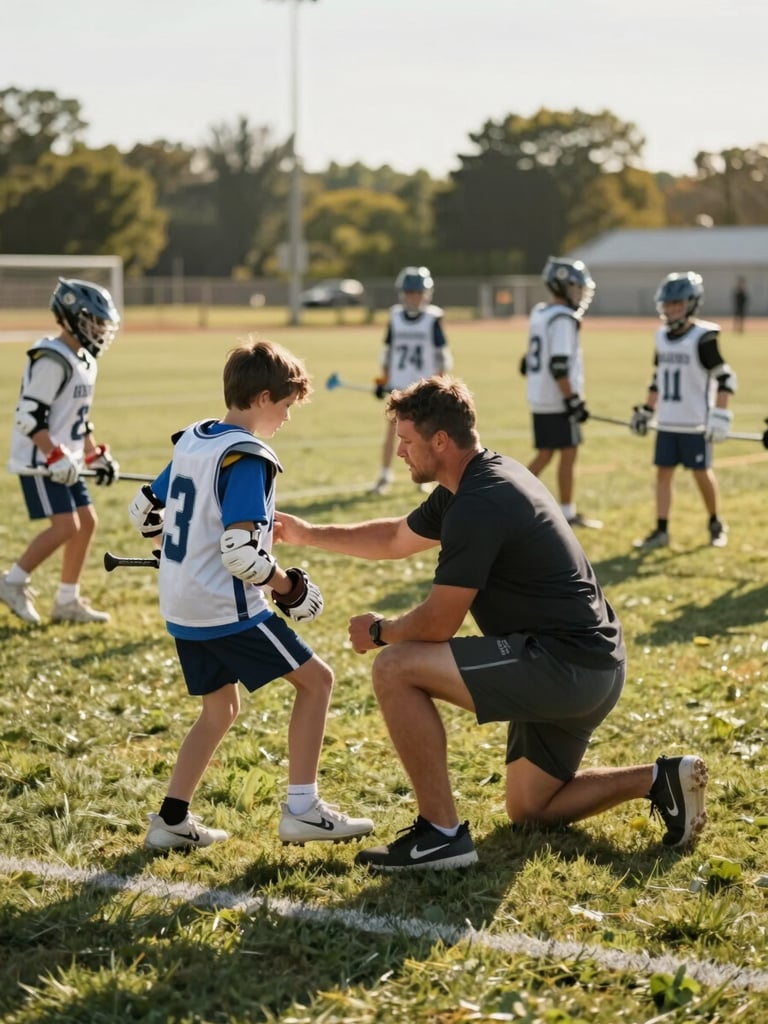 Close environmental shot at a community lacrosse practice field, a coach mid-instruction crouching beside two middle-school-age kids of different sizes, demonstrating footwork positioning, natural afternoon daylight casting warm shadows on the grass, full team visible in background doing drills, documentary candid feel
