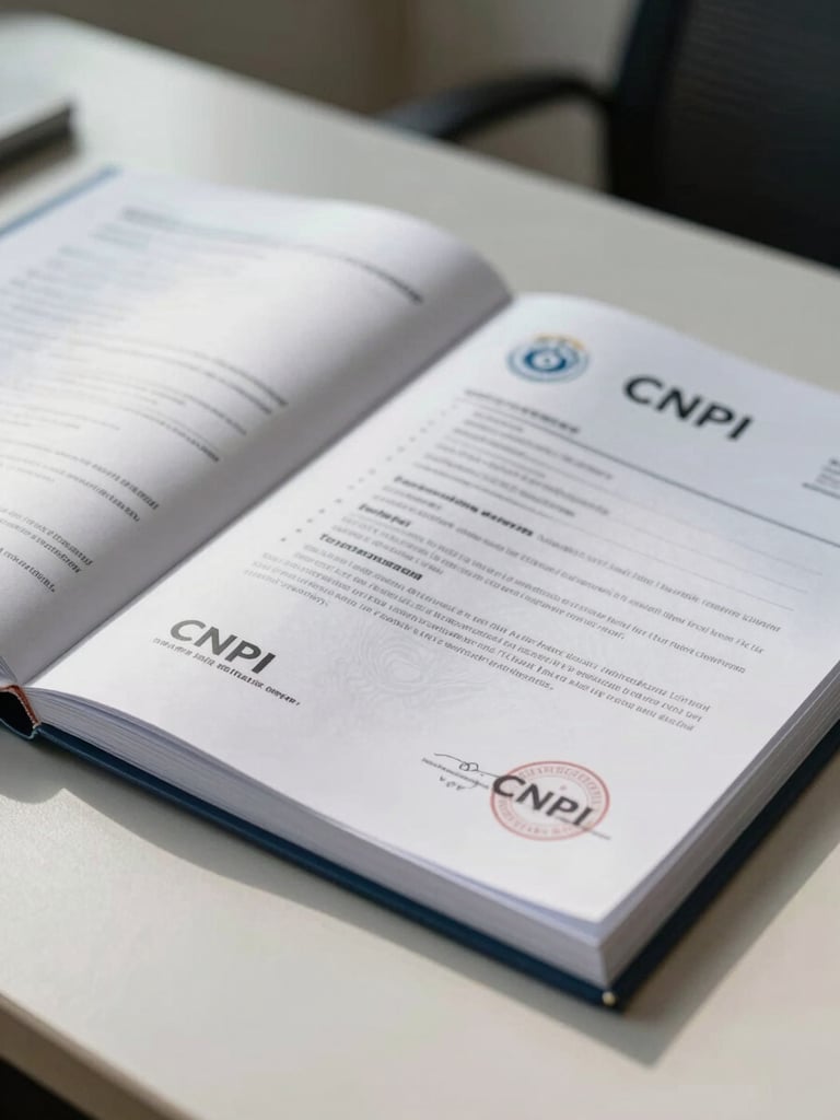 Close-up of an open professional dossier on a clean desk, official CNPJ certificate visible with institutional stamps, organized paperclipped documents beside it, soft diffused daylight from the left, no people