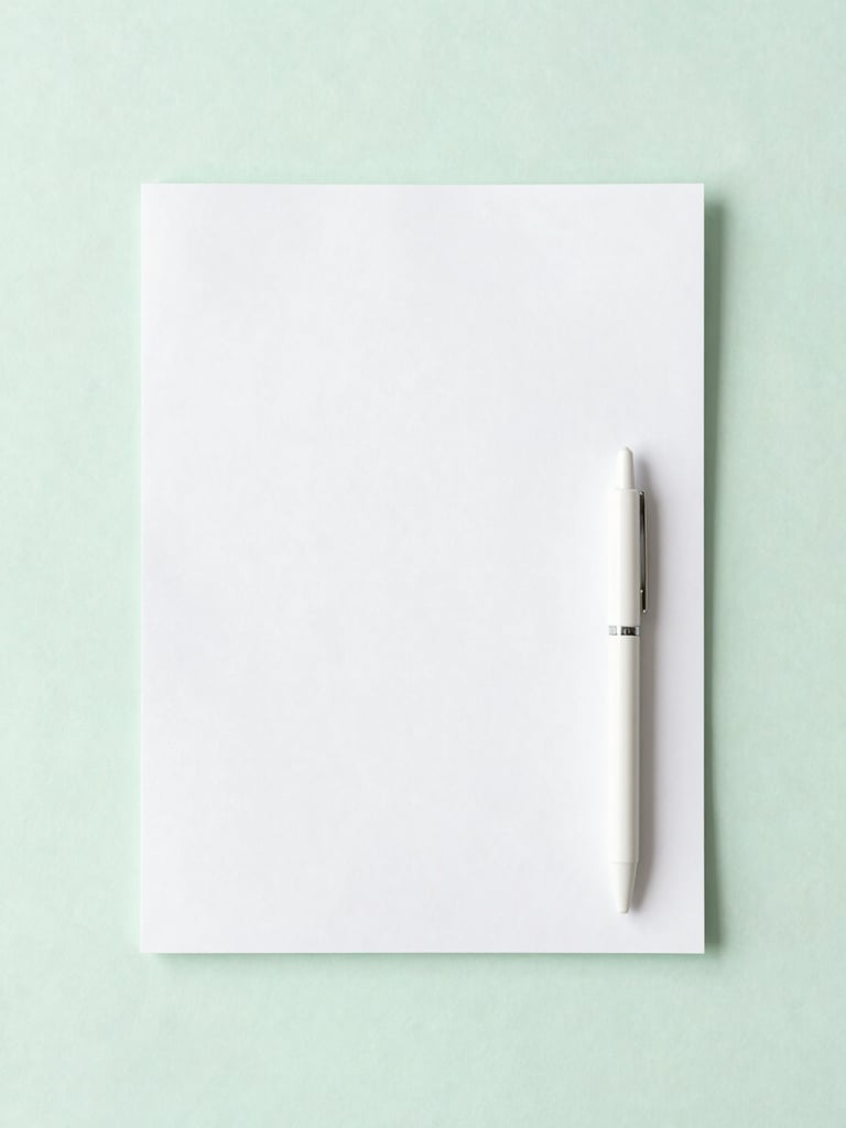 Flat-lay composition of clean white paper with gentle shadows, a minimalist pen, and a soft pastel green background, airy natural morning light