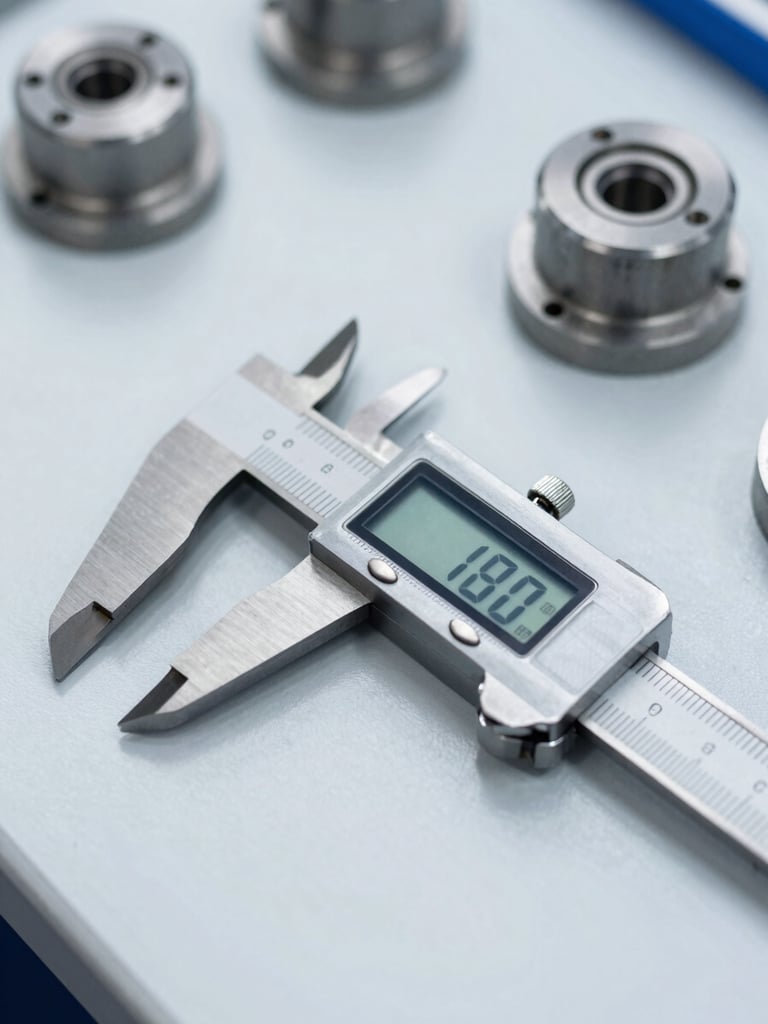 Close-up of digital calipers measuring precision industrial parts on a clean factory workbench, bright neutral daylight, high-contrast.