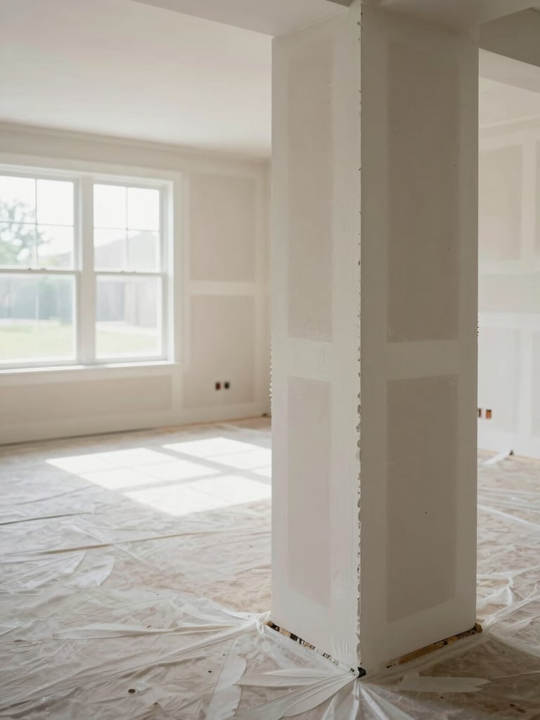 Wide environmental shot of a residential living room under renovation on the South Shore, drywall panels freshly taped and mudded, natural daylight from a large window at left, close foreground showing a perfectly feathered joint seam along a corner, no people, clean protection sheets on floor