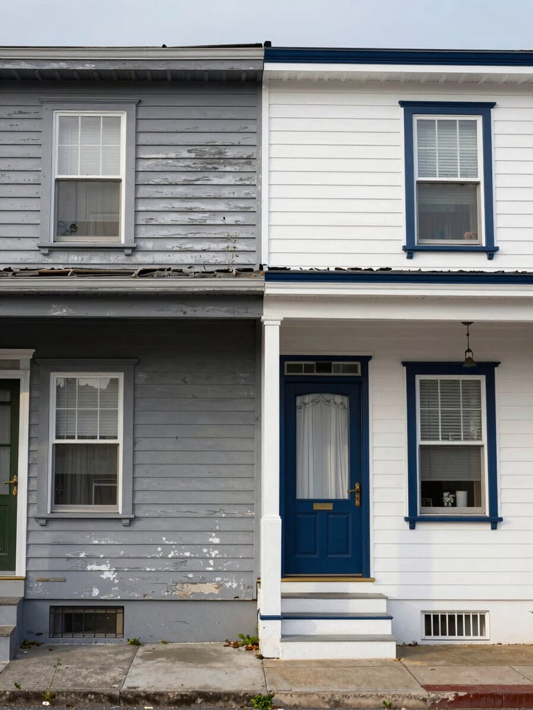 Panoramic split before-and-after of a South Shore bungalow exterior: left half showing weathered, faded grey siding in flat overcast light; right half showing the same façade freshly painted in clean white with navy trim under bright morning light, no filters, sharp boundary down the centre