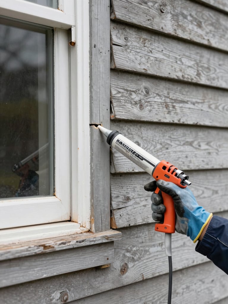 Close-up of a painter's gloved hand pressing a caulking gun into the gap between a window frame and clapboard siding on a South Shore home, natural north-facing daylight, fresh caulk bead visible, weathered original wood contrasting with the new seal