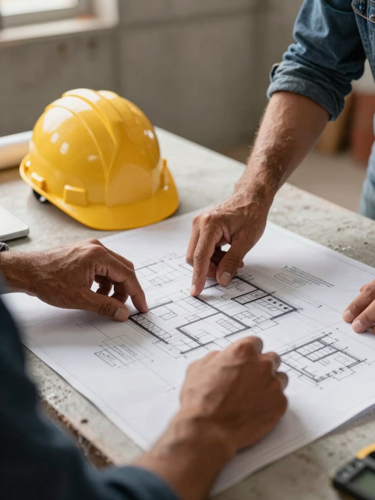 Close-up of a Latino man's hands reviewing architectural blueprints on a workbench at a construction site in Castellón, natural morning light, hard hat resting to one side, concrete wall partially visible in background