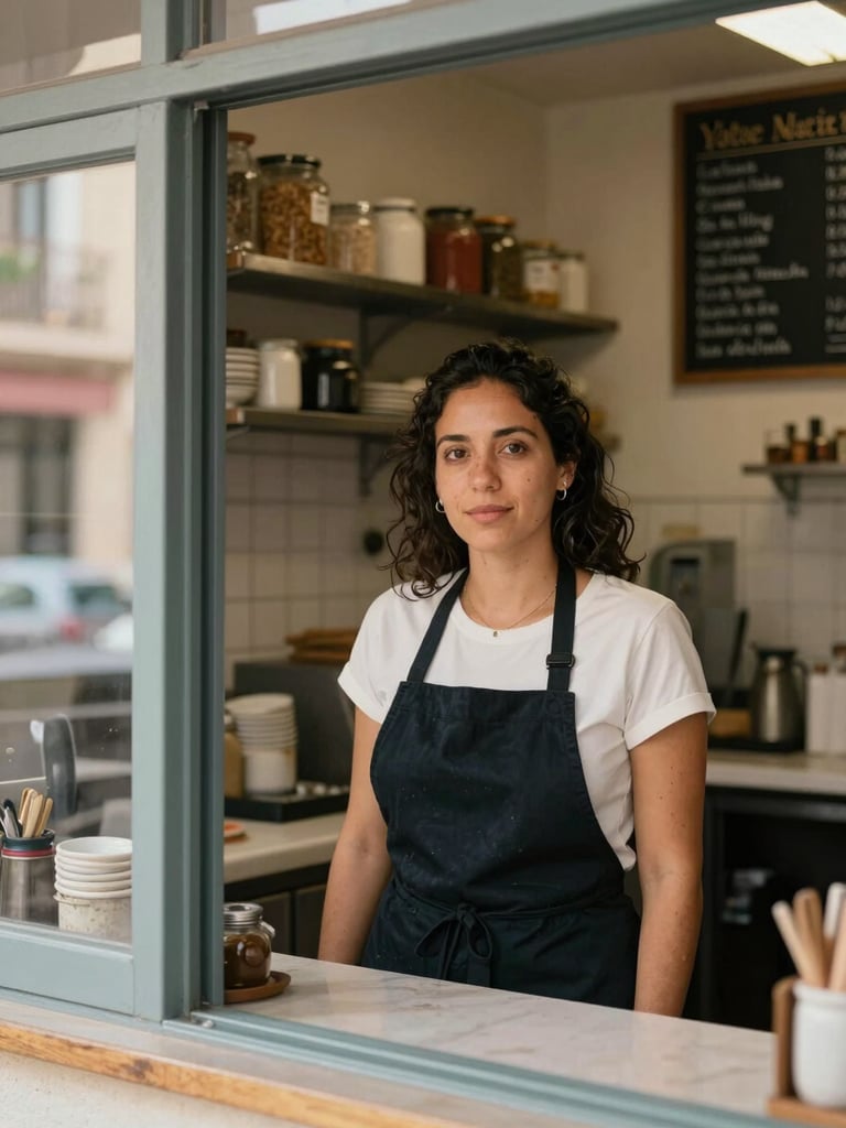 Environmental portrait of a Latina woman standing behind the counter of her restaurant in Castellón, natural daylight through a side window, warm tones, she looks directly at the camera, kitchen shelves and handwritten menu board visible in the background
