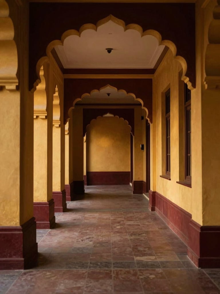 Symmetrical architectural shot of a luxury hotel corridor in India, warm low-contrast lighting, gold and burgundy accents, rich editorial style.