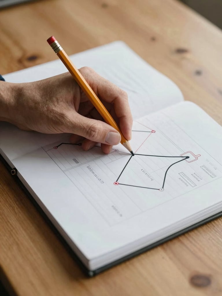 Close-up of a hand tracing a route on a hand-drawn training plan laid flat on warm oak, cool north-facing daylight, a pencil resting beside the notebook, no faces visible