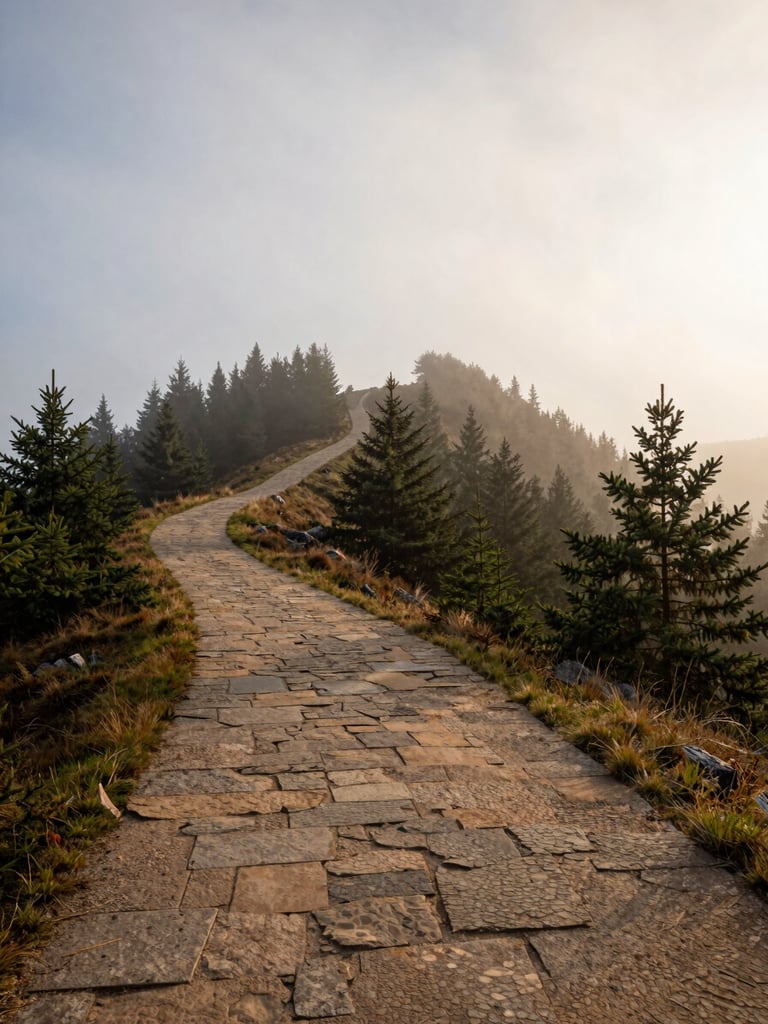 Wide environmental shot of a mist-veiled Albstadt ridge at dawn, empty hiking trail curving left into pine forest, soft overcast light, no figures, generous sky above, warm stone texture in the foreground