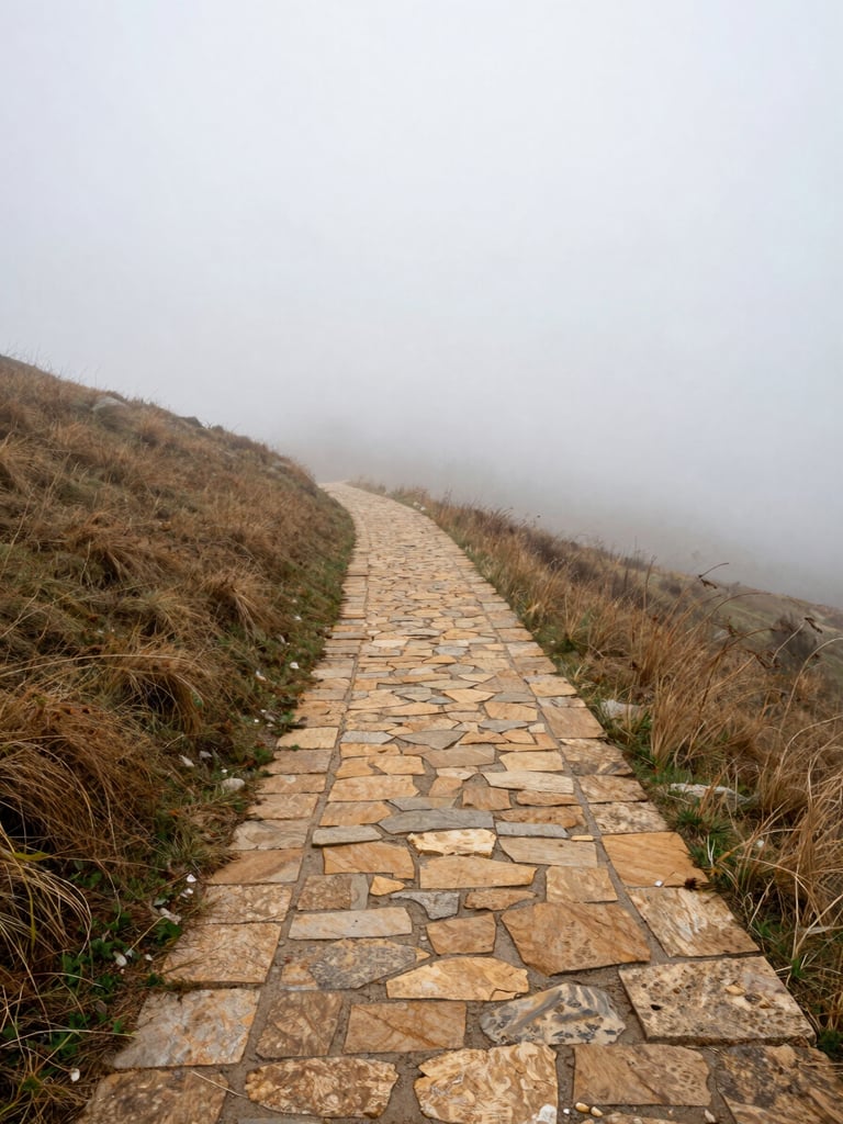 Wide environmental shot of a mist-veiled hillside path in the Albstadt region, empty trail disappearing into overcast morning fog, warm stone and sparse dry grass in the foreground, no people, no signage, overcast natural light