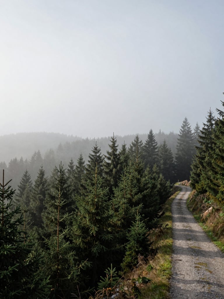 Wide panoramic view from a misty ridge above Albstadt, early morning — dense fir forest fading into pale fog in the middle distance, a narrow gravel trail disappearing into the mist at the right third of the frame, overcast diffused light, no people, cool grey-green tones, generous sky above