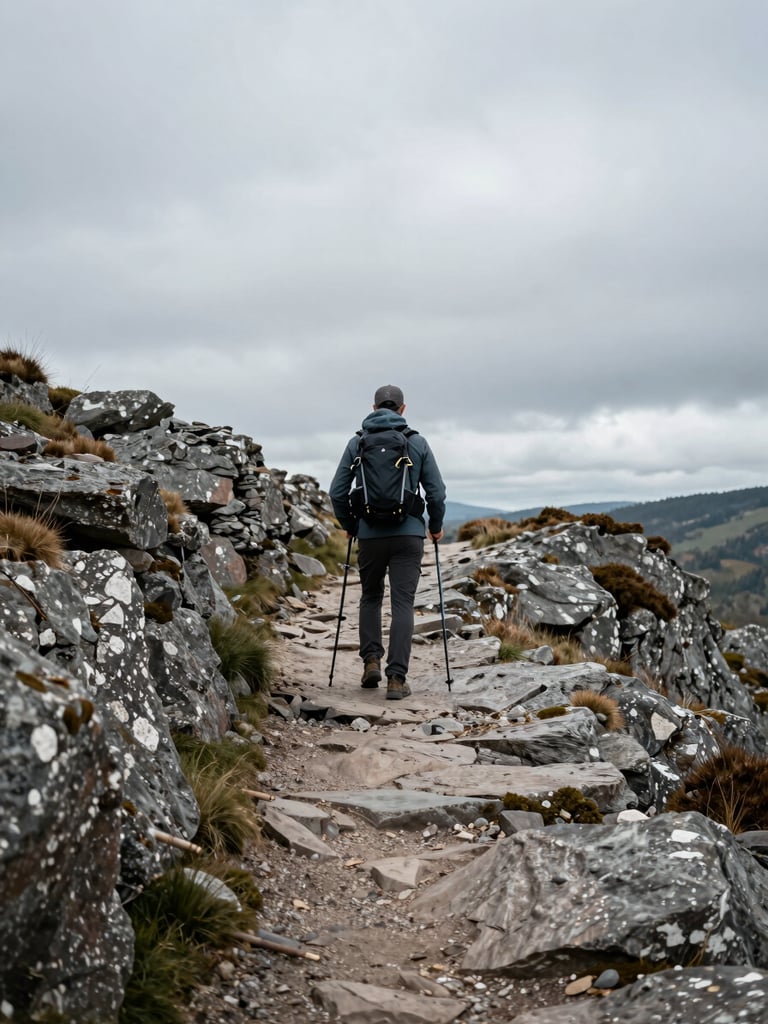 Close environmental shot of a solitary figure pausing on a rocky hillside path in overcast Albstadt terrain, viewed from behind at mid-distance, hands resting on hiking poles, cool diffused natural light, no studio flash, wide landscape ratio