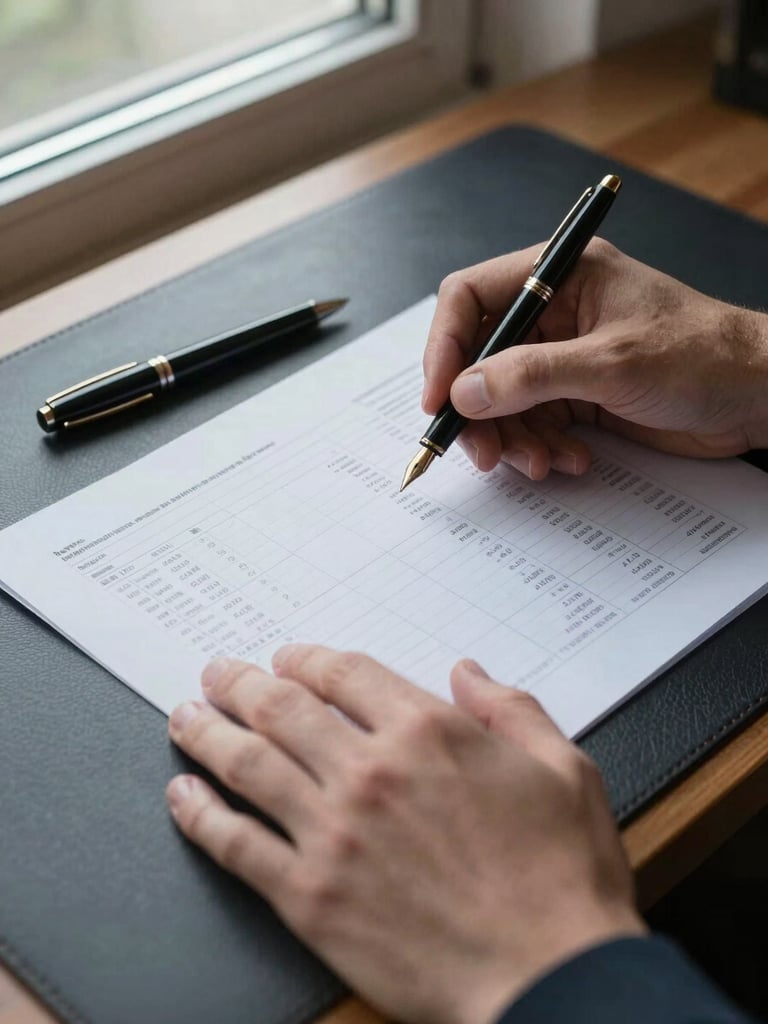 High-angle close-up of hands reviewing a printed financial summary on a leather-topped desk, a fountain pen resting to the side, cool north-facing window light, warm wood visible at the edge, no branding or text legible