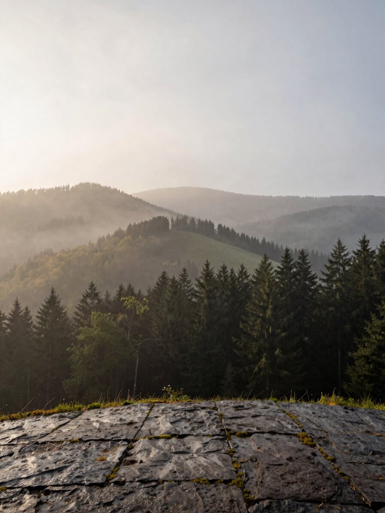 Wide environmental shot of misty Albstadt ridgeline at dawn, layered forested hills receding into pale grey atmosphere, empty foreground of wet stone and moss, overcast diffused light, no people, no trails visible, calm and vast