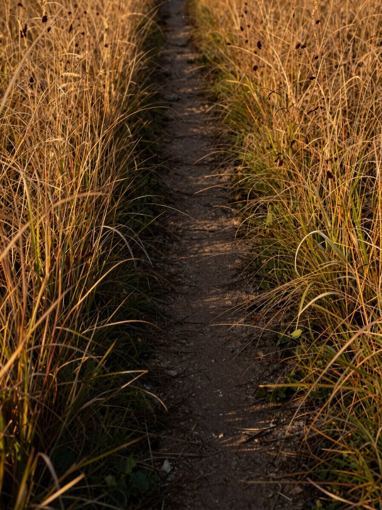 Close-up of a narrow dirt path cutting through tall autumn grass in the Swabian Alb, golden-hour side light raking across the ground texture, no people, no markers, intimate ground-level framing
