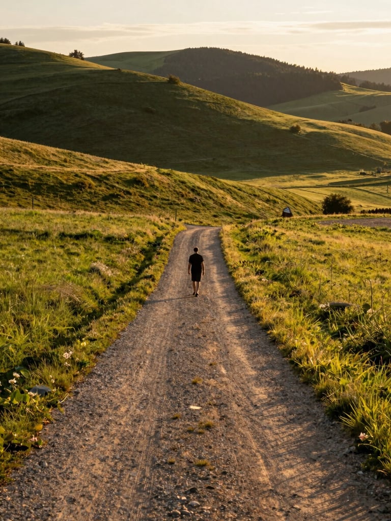 Wide-angle shot of a solitary figure at a distance on an unpaved trail through Albstadt's Swabian Alb, golden hour light grazing the hillside, no crowds, long shadow stretching right, figure not identifiable