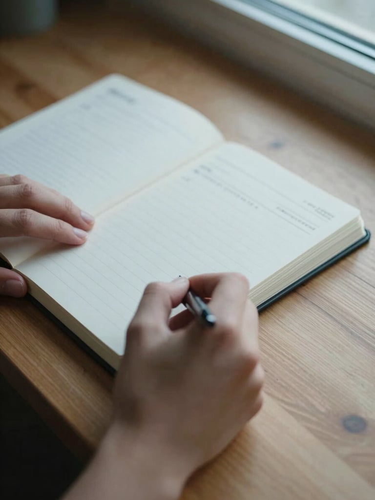 Close-up of hands writing in an open notebook beside a simple meal plan document on a warm wood surface, cool north-facing daylight from a window, a pen resting across the page, no branding visible, quiet and precise atmosphere