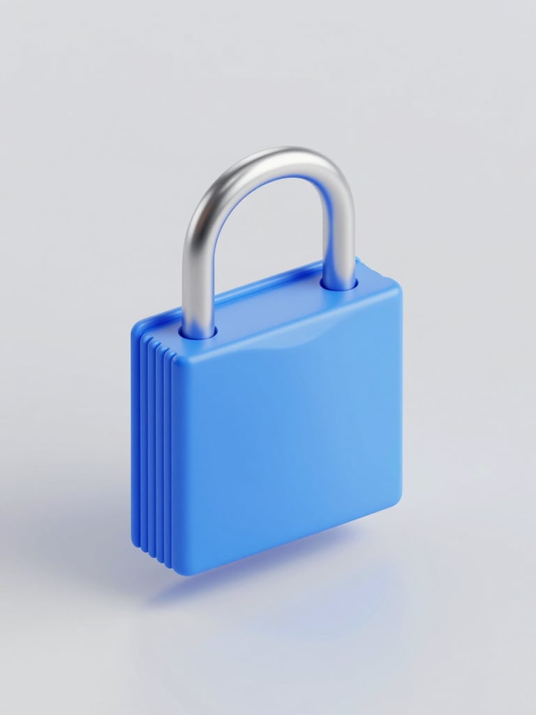 A minimalist 3D render of a clean silver padlock securing a stack of blue documents, bright studio lighting, slate gray background