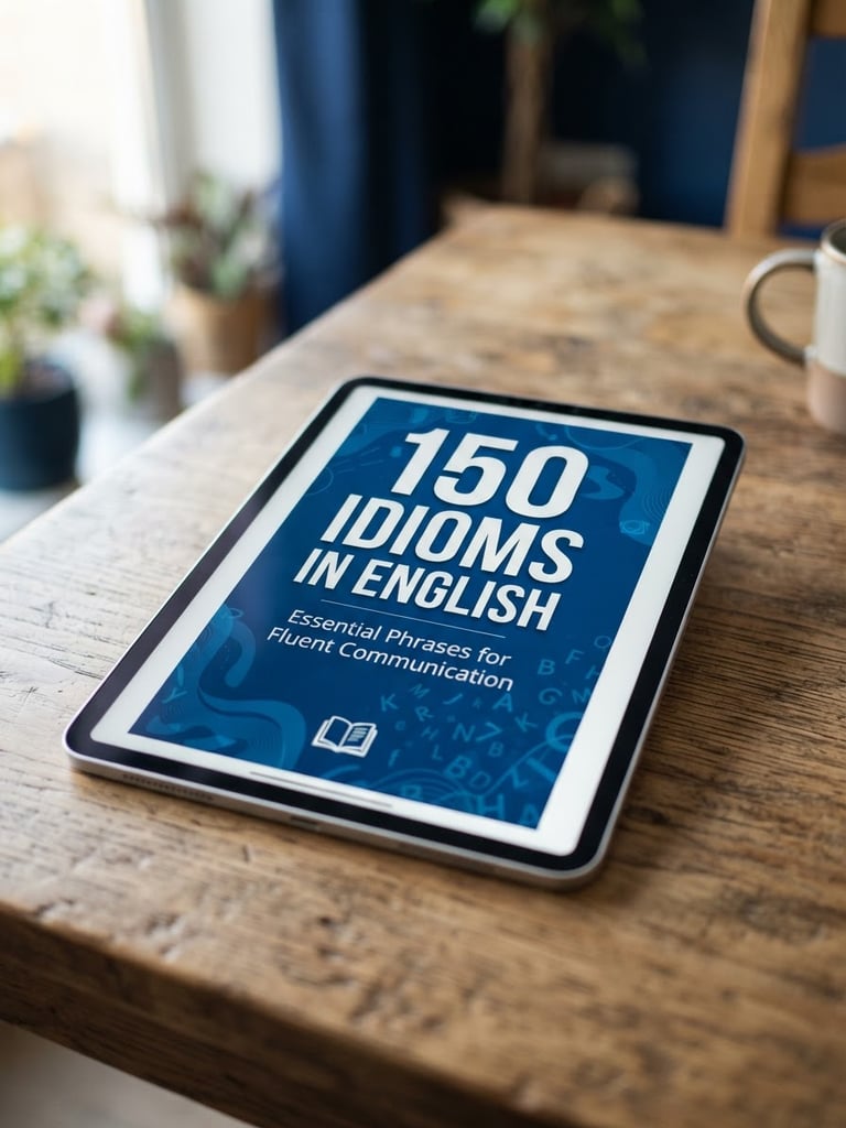 A modern tablet displaying the clean, high-contrast cover of the 150 Idioms in English e-book, resting on a wooden table in bright natural daylight