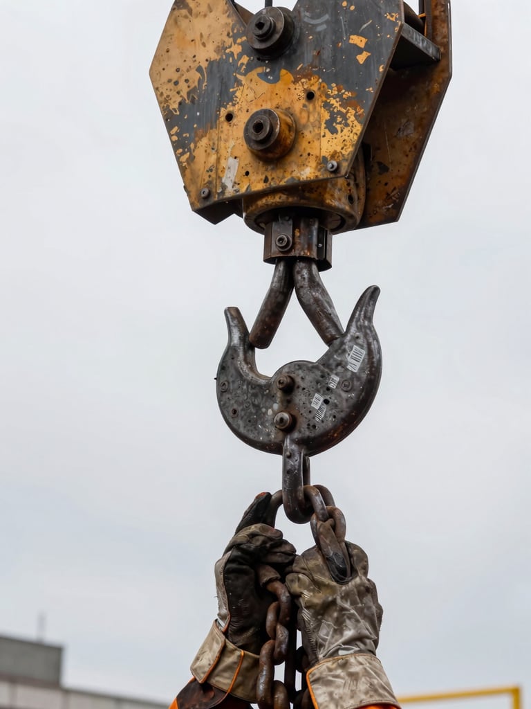 Extreme close-up of a crane hook and heavy load chain under overcast daylight, wear marks visible on the metal, a worker's gloved hand steadying the load in the lower corner, gritty industrial texture