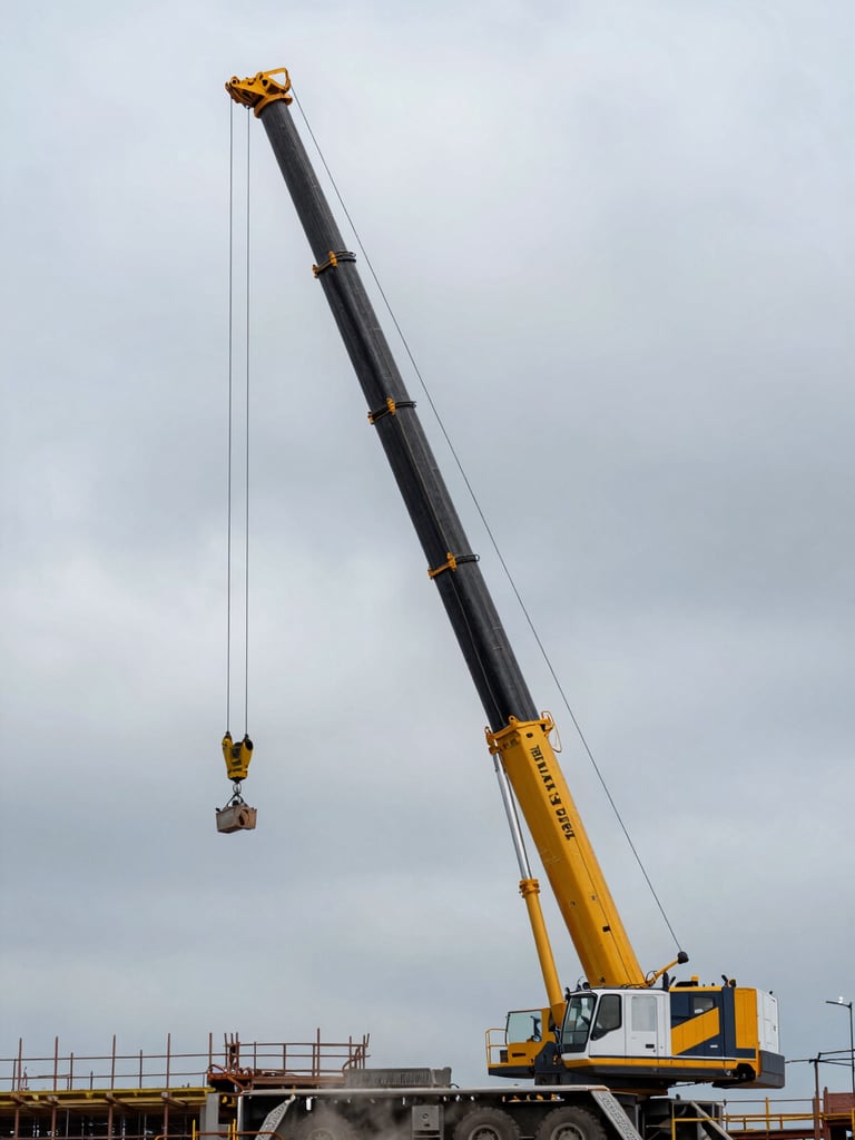 Wide environmental shot, mobile crane mid-lift at a construction site, overcast daylight, steel cable taut under heavy load, boom arm extending diagonally into grey sky, operator cab visible, dust on the chassis, no posed figures