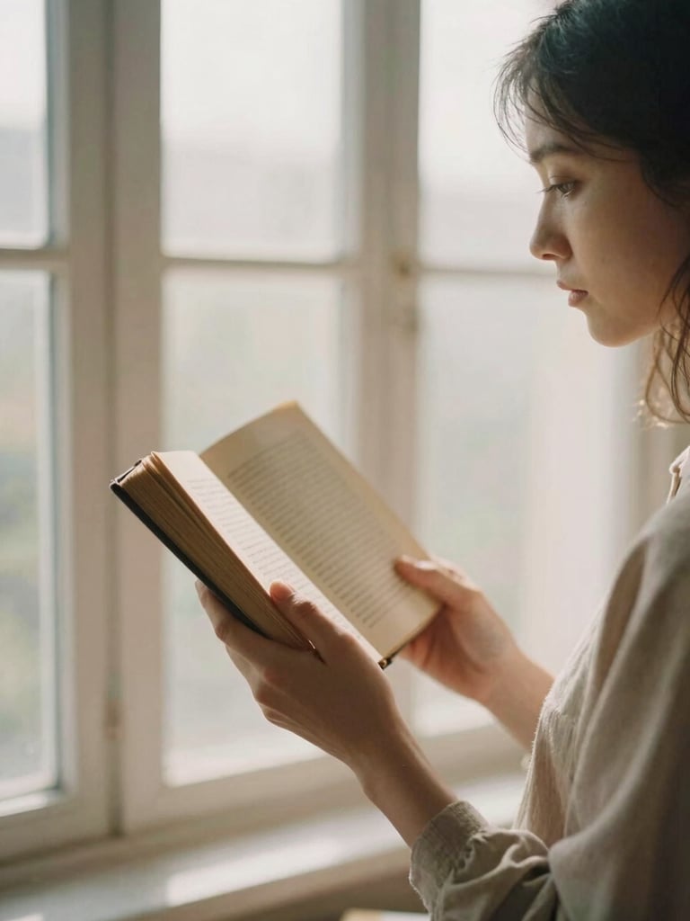 A side profile portrait of a woman reading a worn hardback book near a tall window, soft diffused afternoon light, warm sand tones, shallow depth of field, 35mm film aesthetic.