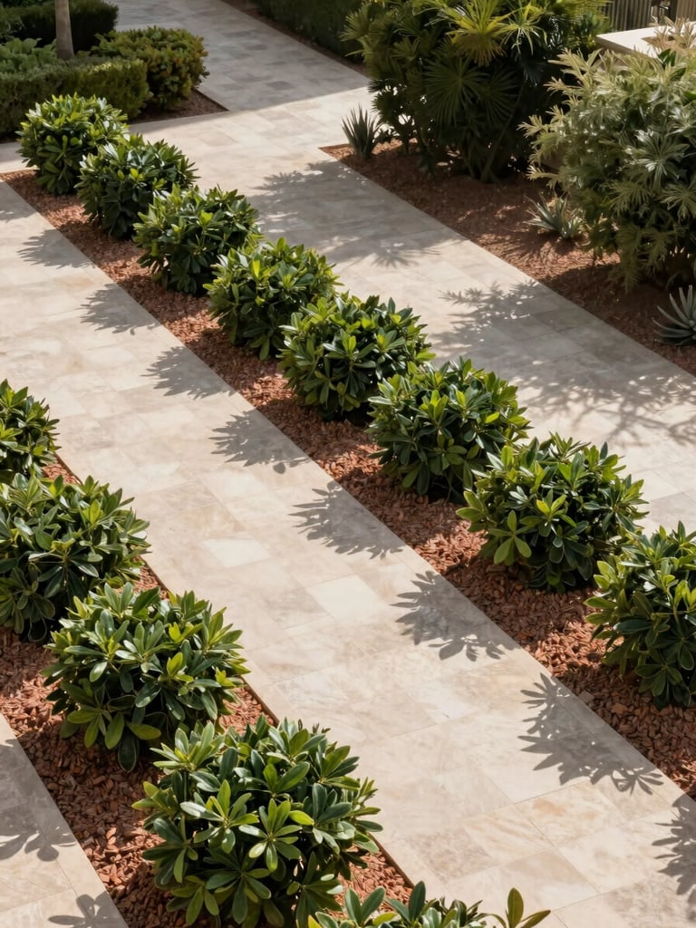 Wide environmental shot of a mature residential UAE garden viewed from above at a slight angle, structured planting beds of climate-adapted shrubs in terracotta-toned gravel mulch, harsh midday shadow patterns across pale stone pathways, deep green foliage revealing waxy heat-resistant texture, no people, no soft light
