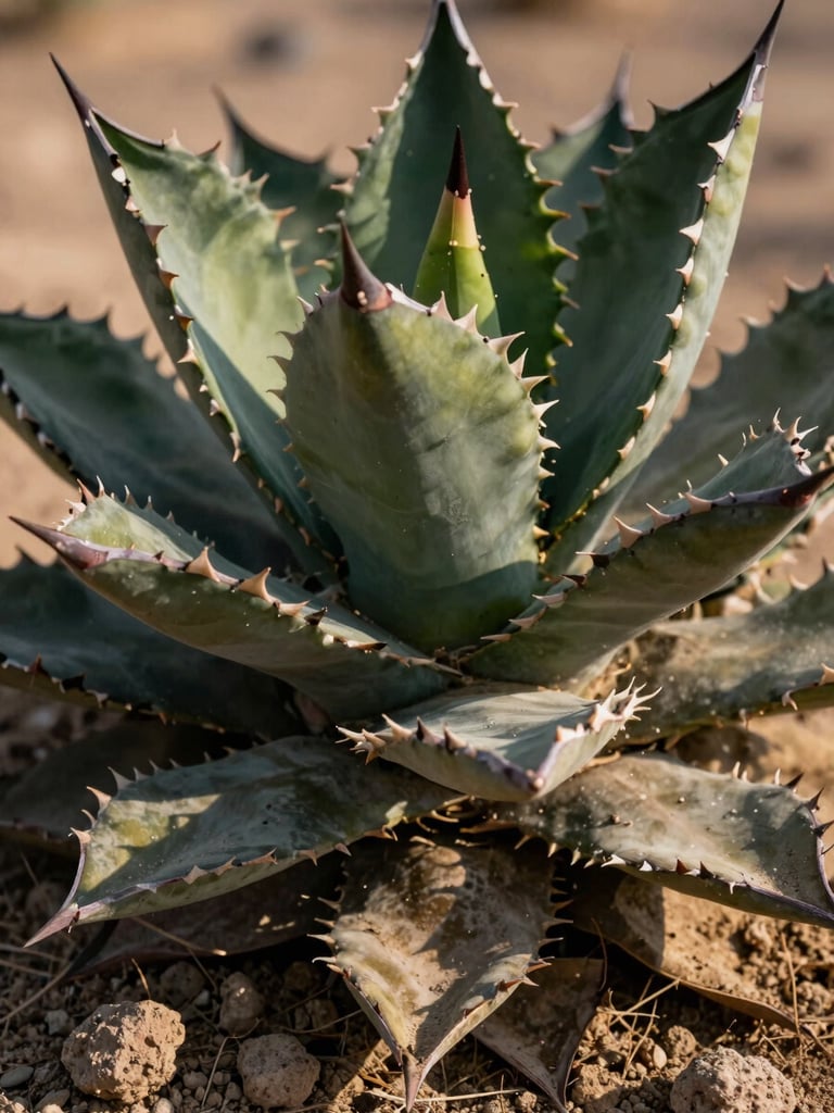 Close-up of desert-native succulent leaves in harsh afternoon Gulf light, thick waxy texture catching bright highlights, dry compacted soil visible at the base, shadows sharp and deep