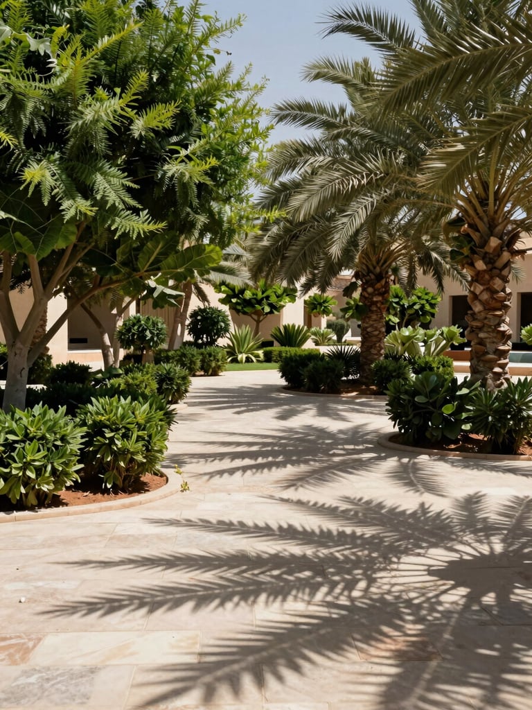 Wide environmental shot of a mature UAE courtyard garden in full midday sun, dense shadow patterns cast by structured plantings across pale stone pavers, deep green desert-adapted shrubs anchored in terracotta-toned soil, harsh light revealing leaf texture and ground shadow, shot from a low wide angle with sky cropped out