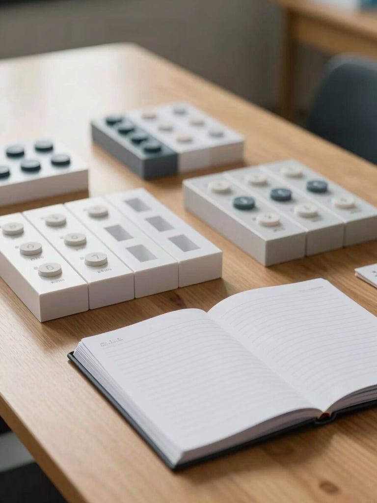 A close-up of a wooden table in a quiet, sunlit testing room, with neatly organized clinical assessment blocks and a professional notebook resting under soft natural light.