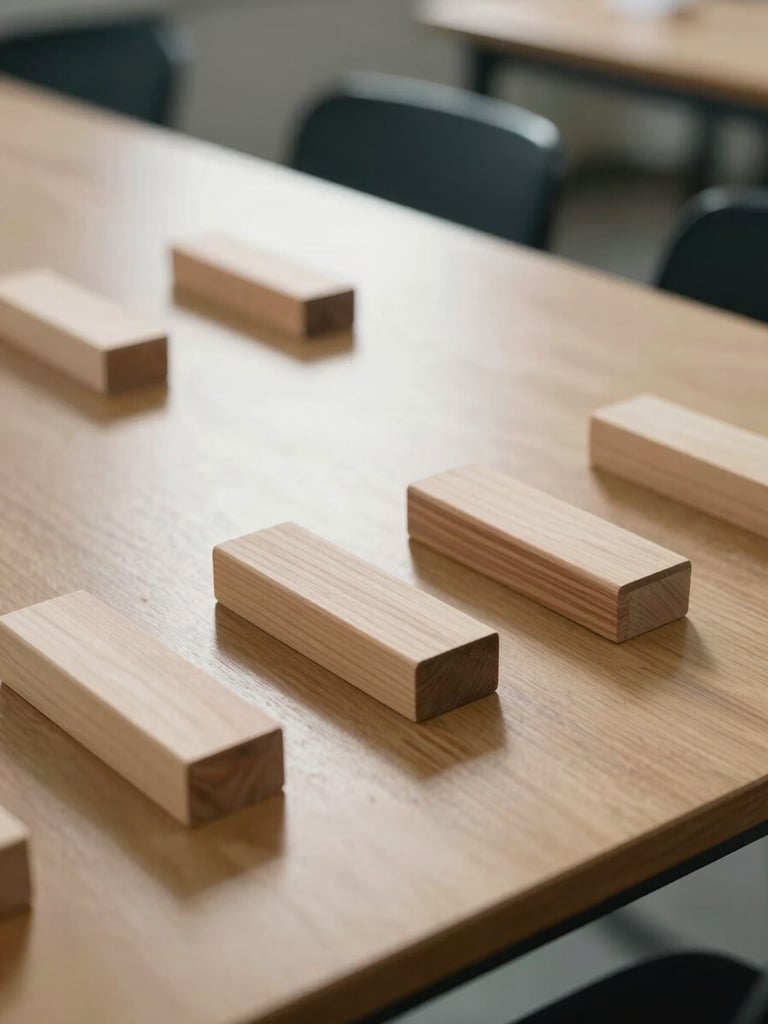 A quiet, sunlit testing room with organized wooden assessment blocks on a light oak table, soft indirect natural daylight, calm and structured atmosphere.