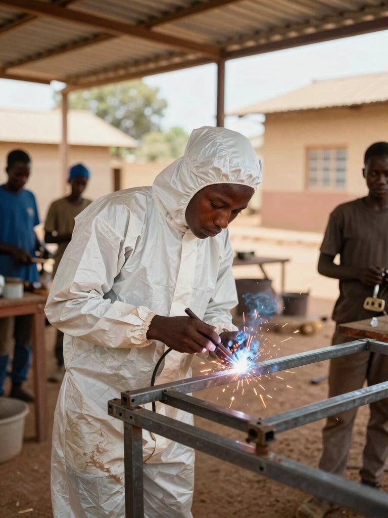 A young Senegalese student in protective gear welding a metal frame in a spacious workshop, bright warm daylight, sparks visible, authentic vocational training