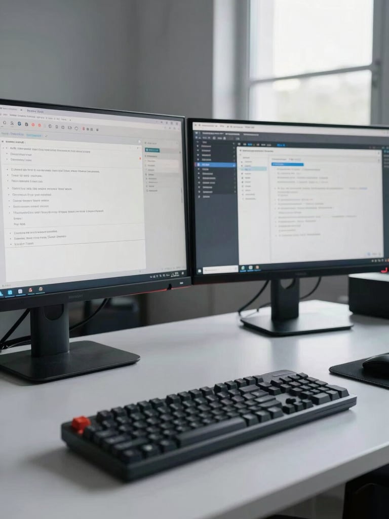 Wide shot of an organized software developer's workspace from the left side, two monitors showing clean interface wireframes, a mechanical keyboard in sharp focus foreground, soft north-facing window light casting even illumination across the desk surface, no people visible, clinical precision