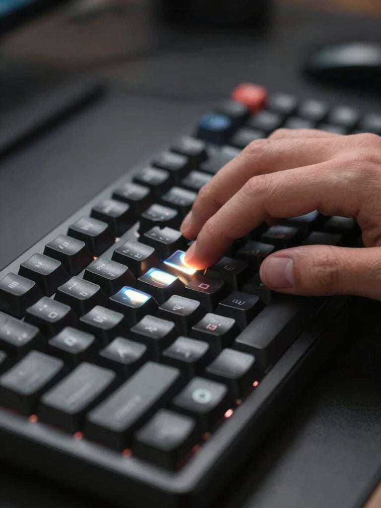 Extreme close-up of a developer's hands on a mechanical keyboard, screen glow reflecting off fingertips, organized dark desk surface, north-facing studio light, sharp focus on keys and fingers