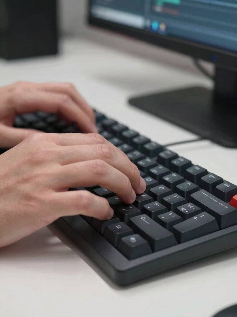 Extreme close-up of hands resting on a mechanical keyboard on a clean white desk, north-facing daylight, sharp focus on keycaps and fingertips, a faint software interface reflected on a dark monitor in the background, clinical precision, no sentimentality