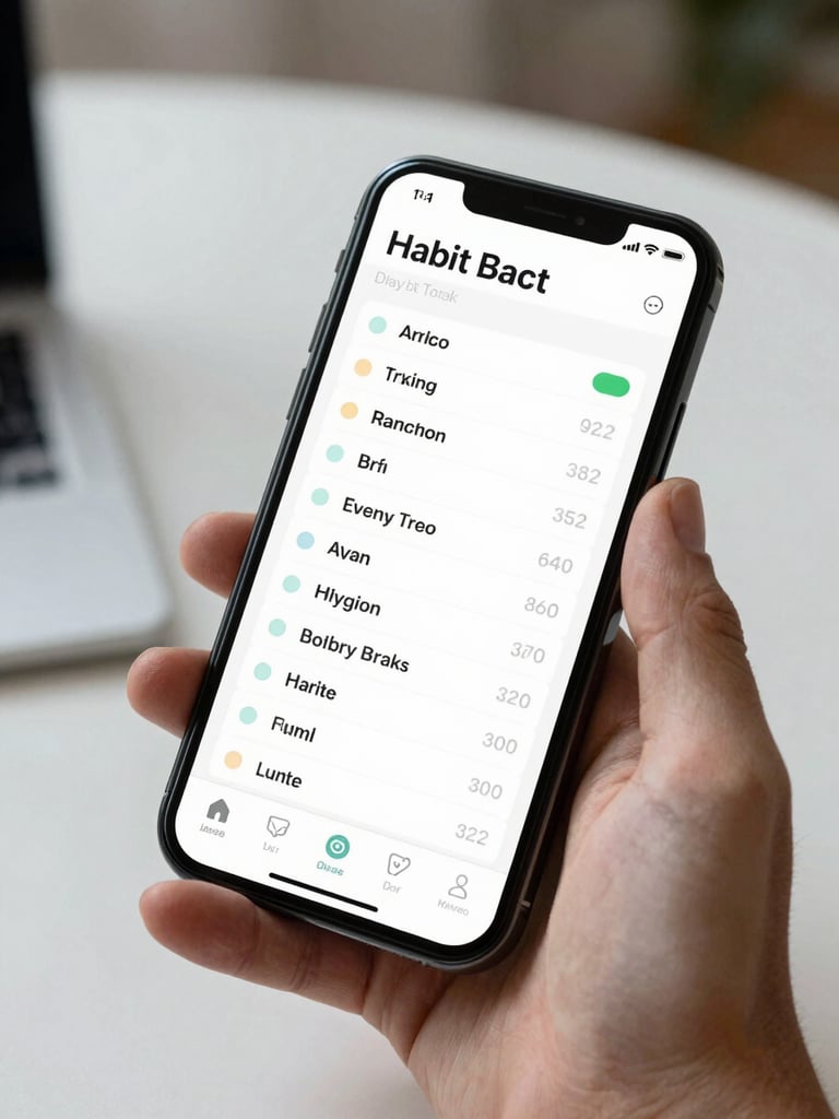 Close-up of a smartphone screen showing a structured habit-tracking interface with clean typographic lists and progress indicators, held in one hand against a blurred minimal desk background, soft north-facing studio light