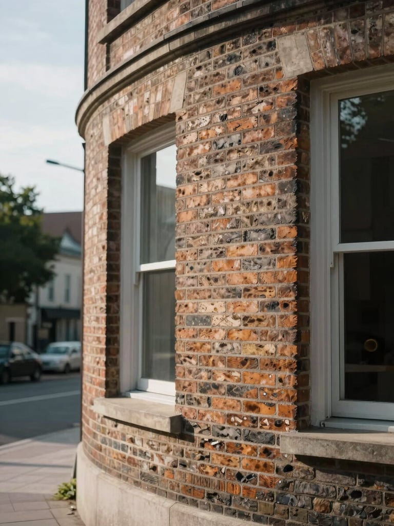 Close architectural detail of a residential building corner in natural north-facing daylight, textured brick facade and window frames sharp in the foreground, blurred street context visible to the left, no people