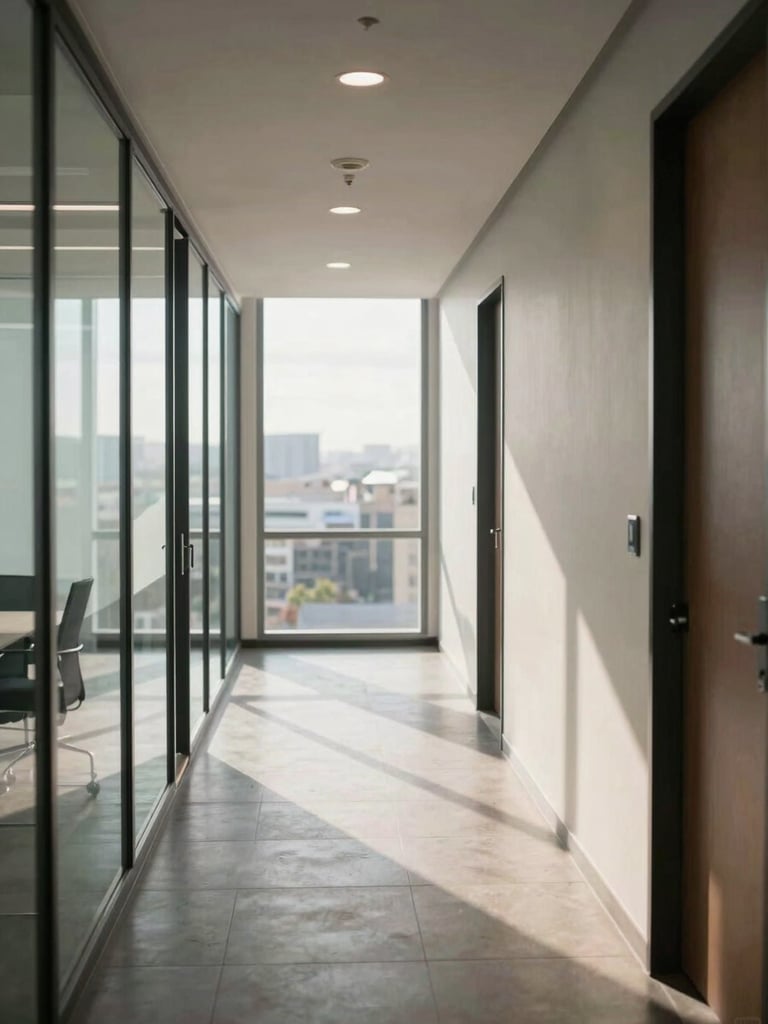A modern South African corporate office corridor with bright natural sunlight streaming through large windows, clean glass partitions, professional atmosphere.