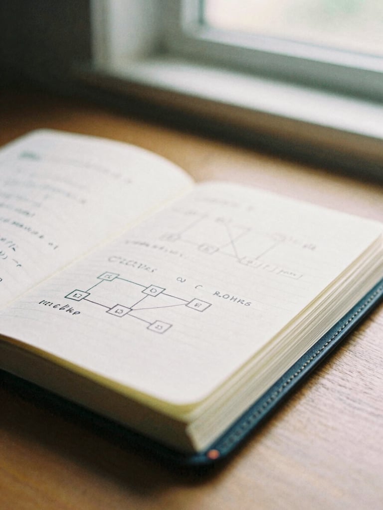 Close-up of an open leather notebook with hand-drawn system diagrams and notes on a wooden desk, soft warm window light, shallow depth of field, 35mm film look