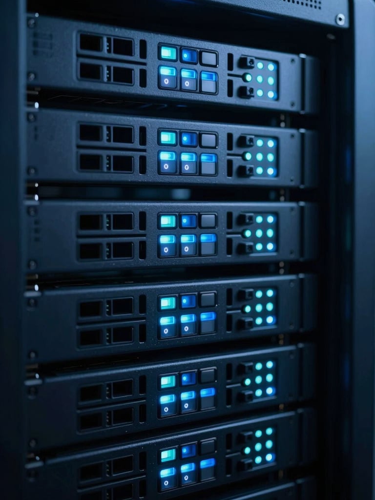 Macro shot of a secure server array with cool blue and teal status lights, architectural clean lines, moody studio lighting