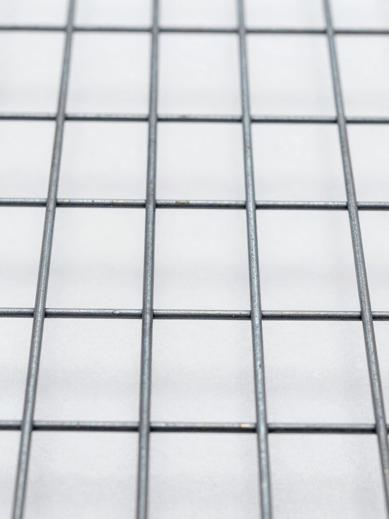 Extreme close-up macro shot of welded wire mesh sheet, flat-lay overhead, bright even studio lighting, sharp focus on weld intersections showing consistent spacing and clean fused joints, cold white light, no shadows obscuring the grid openings