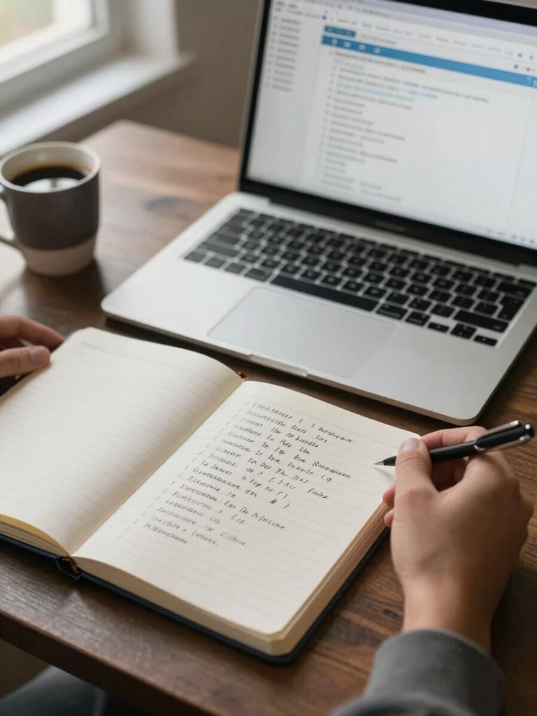 Close-up overhead shot of a desk during an active prospect intake call — a notebook open with handwritten francophone city names, a laptop screen showing a CRM pipeline, and a coffee cup to the side, soft natural window light from the upper left