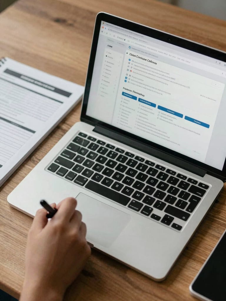 Overhead documentary shot of a work desk with a laptop open to a CRM pipeline screen, a hand writing in a notebook, printed prospect lists visible beside the keyboard, soft studio daylight, warm shadow detail