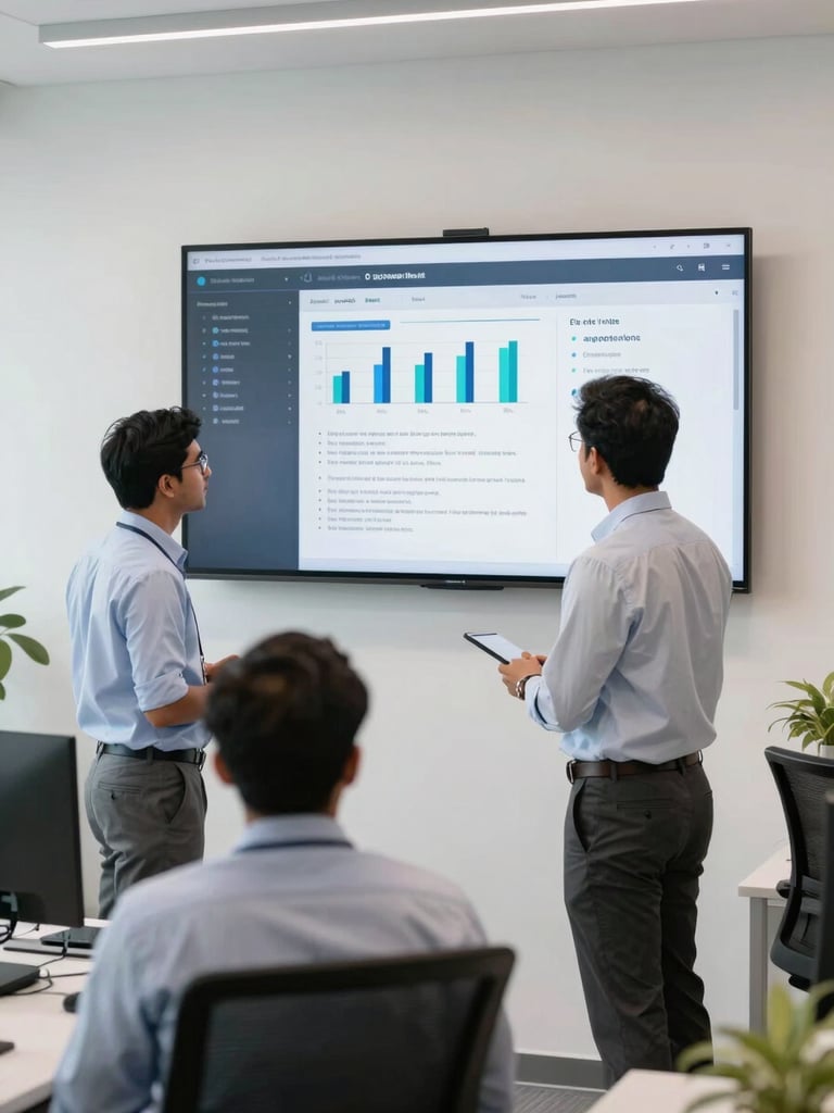 A modern Indian IT operations room with a clean dashboard on a wall monitor, two professional engineers discussing deployment, natural bright office lighting, authentic editorial style