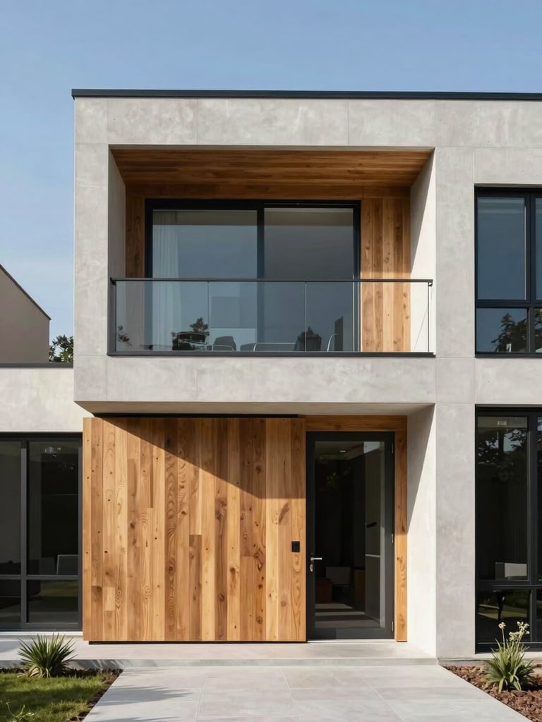 Straight-on architectural elevation of a modern home exterior, clean lines, natural oak panels against light concrete, bright daylight
