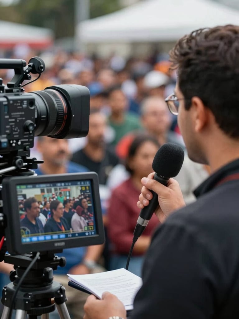 Over-the-shoulder angle of a field reporter speaking into a microphone at a crowded civic rally, live-feed monitor visible in the foreground, harsh mixed artificial and daylight, crowds blurred behind, documentary capture mid-moment