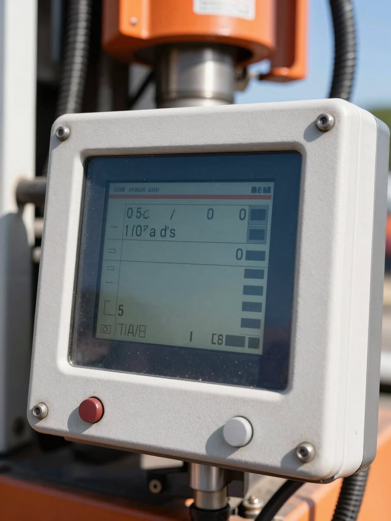 Close-up of a directional boring machine's control panel with a digital locator screen, showing precise readings, bright direct sunlight, crisp industrial photography.