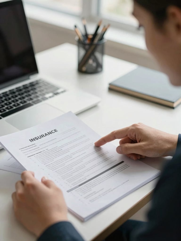 Close-up medium shot from the side — printed insurance policy pages spread on a desk, advisor's hand pointing to a coverage clause, client leaning in to read, natural diffused window light, organized and calm workspace, documentary framing with no styled poses