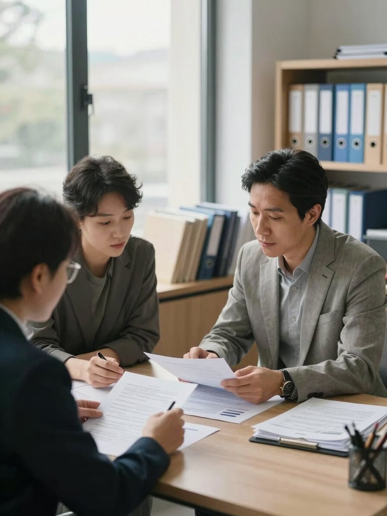 Wide medium shot of an advisor and client seated side by side at a tidy desk, reviewing printed portfolio documents together under diffused north-facing window light, organized folders visible on shelves behind them, calm and unhurried atmosphere